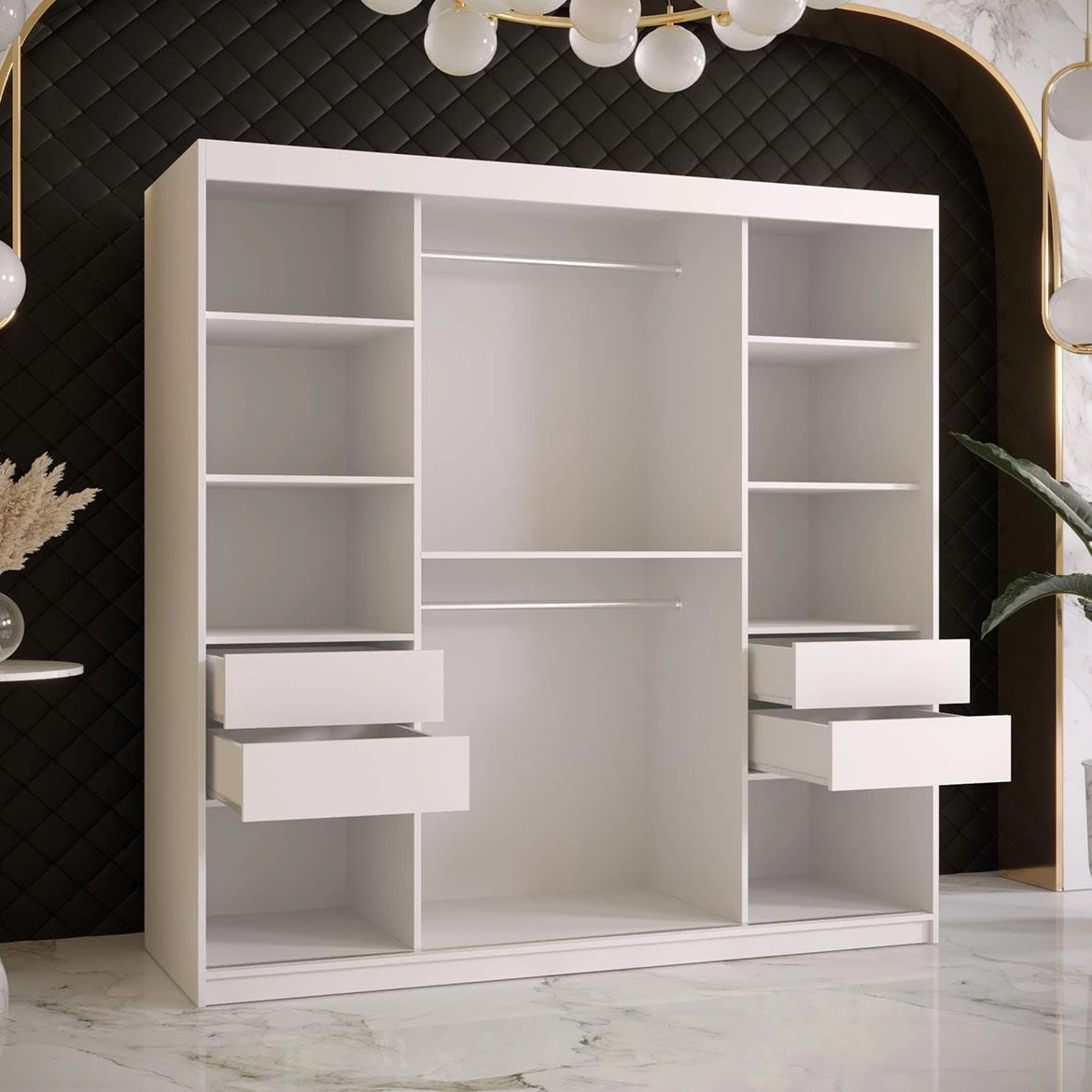 Platinum Pole T1 klizni ormar 2 vrata/ogledalo 180x62x200 cm beli/print crnog mermera/zlatni