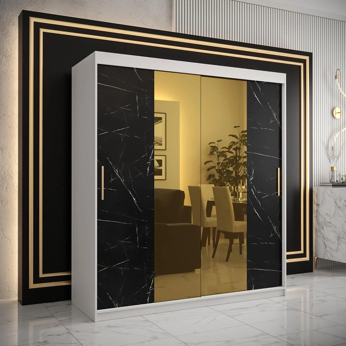 Platinum Pole T1 klizni ormar 2 vrata/ogledalo 180x62x200 cm beli/print crnog mermera/zlatni