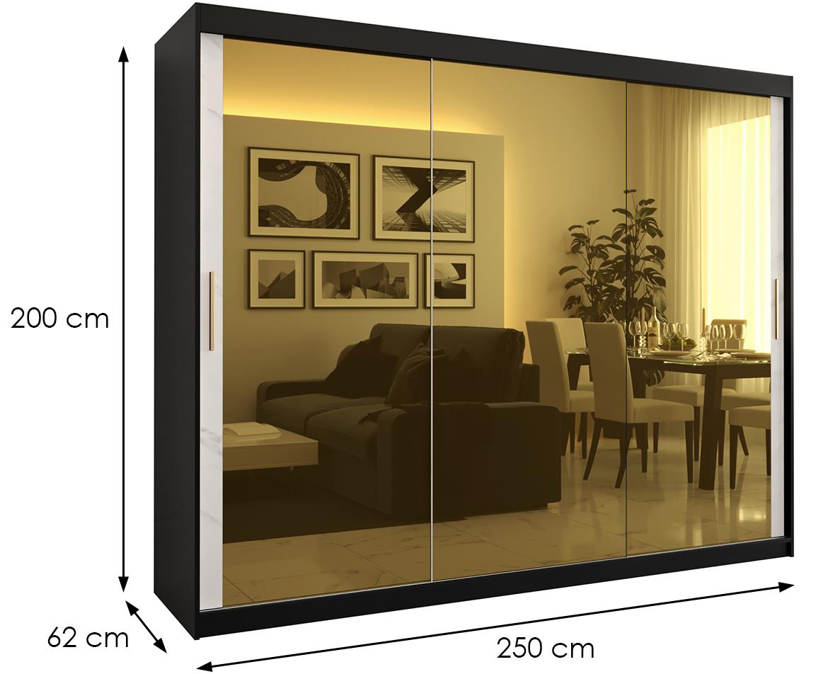 Platinum Pole T3 klizni ormar 3 vrata/ogledalo 250x62x200 cm crni/print belog mermera/zlatni