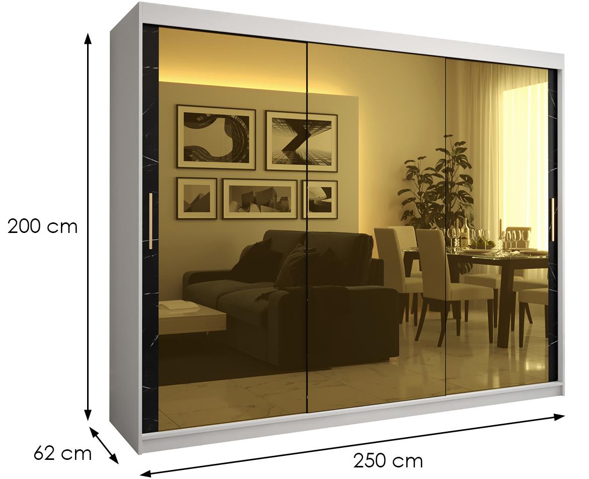 Platinum Pole T3 klizni ormar 3 vrata/ogledalo 250x62x200 cm beli/print crnog mermera/zlatni