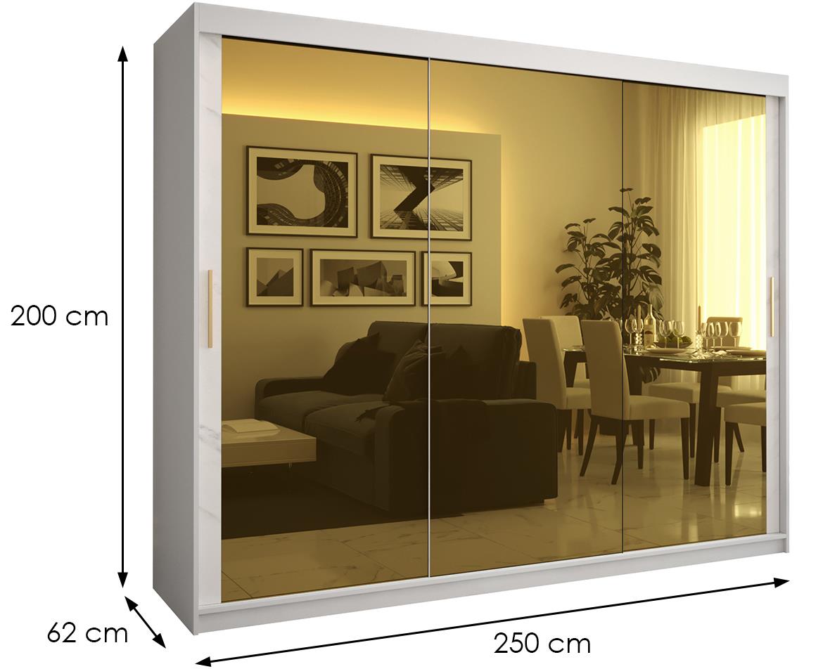 Platinum Pole T3 klizni ormar 2 vrata/ogledalo 250x62x200 cm beli/print mermera/zlatni