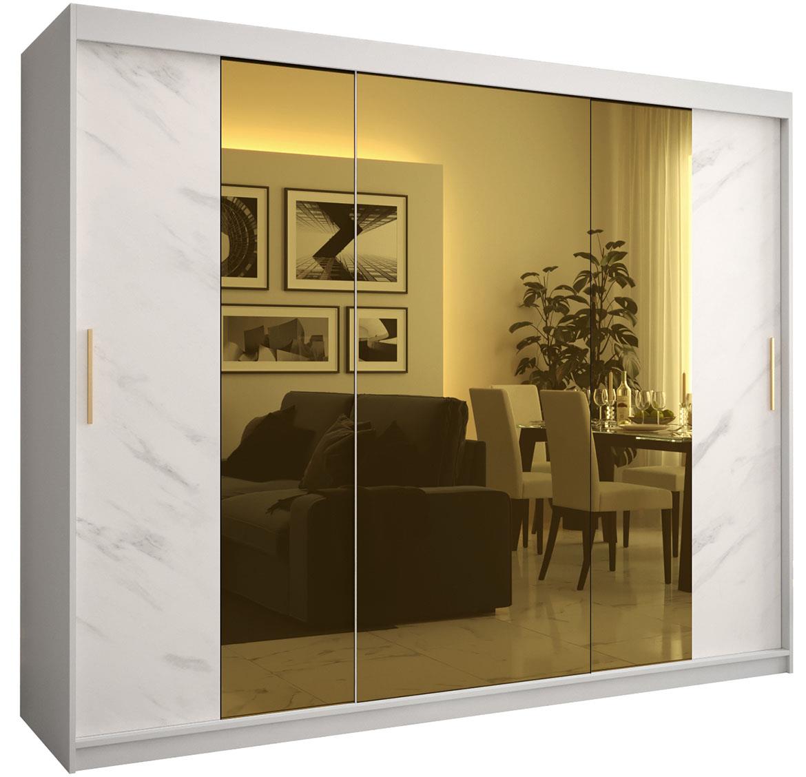 Platinum Pole T2 klizni ormar 2 vrata/ogledalo 250x62x200 cm beli/print mermera/zlatni