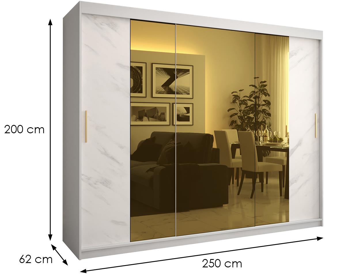 Platinum Pole T2 klizni ormar 2 vrata/ogledalo 250x62x200 cm beli/print mermera/zlatni