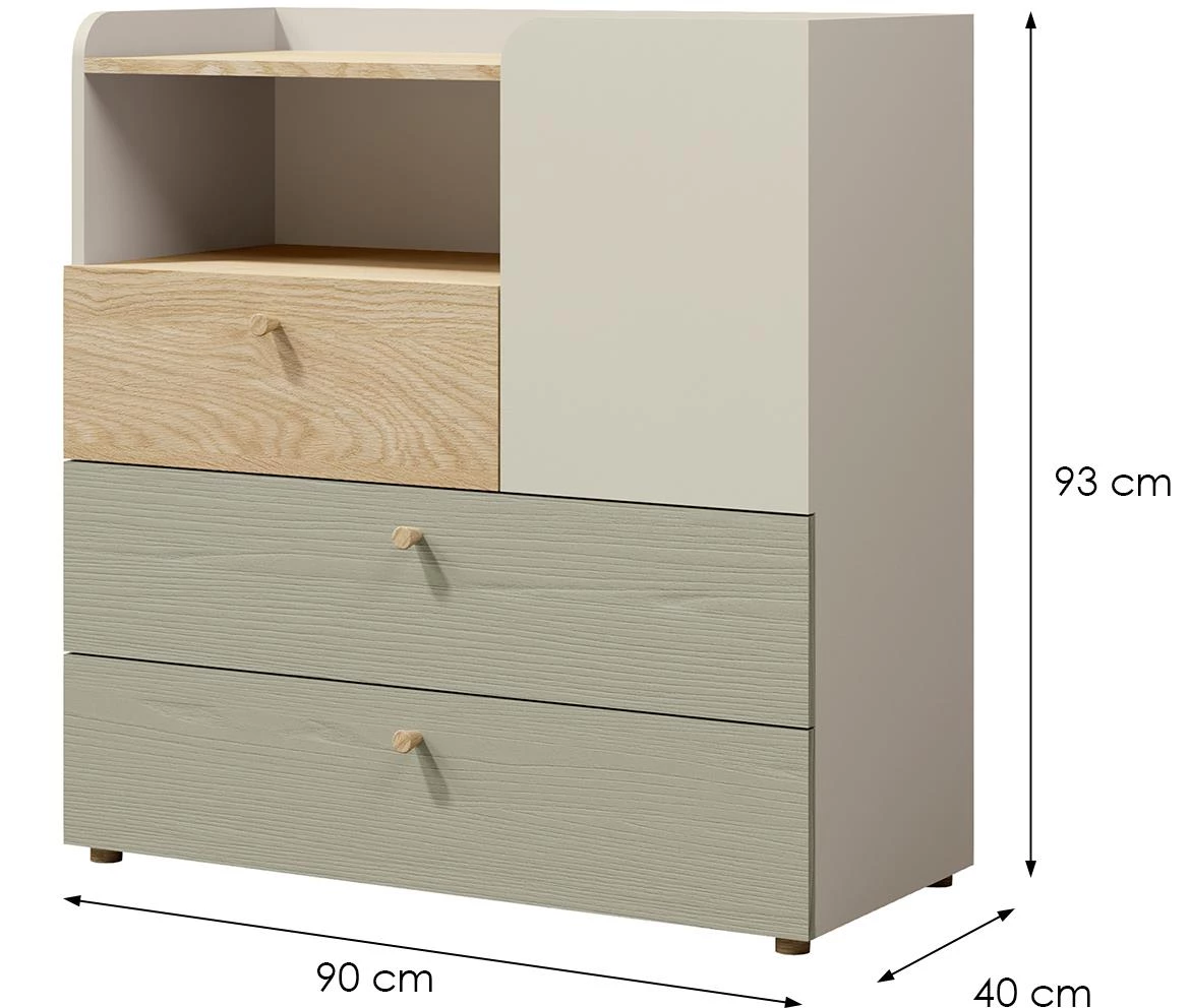 Yuki 10 komoda 1 vrata+3 fioke 90x40x93 cm eukaliptus/bež/hrast