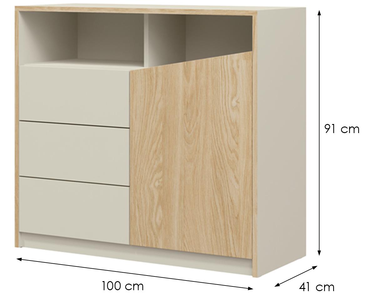 Aston 4 komoda 1 vrata+3 fioke 100x41x91 cm bež/hrast