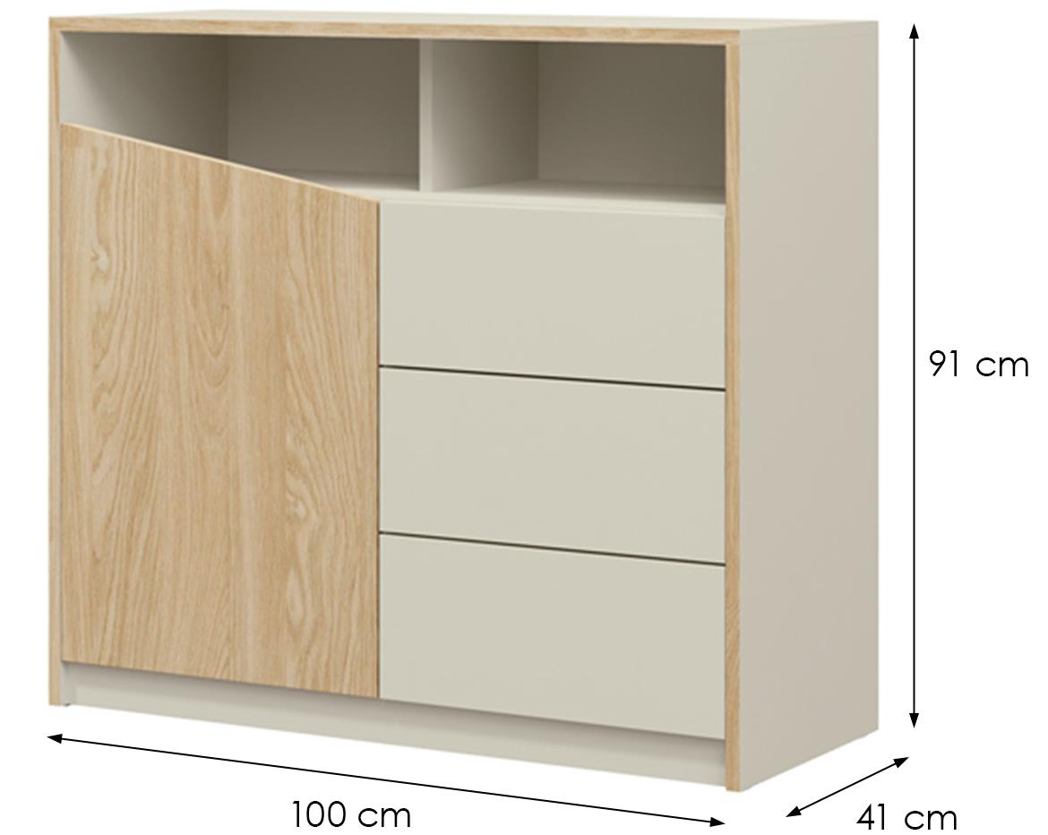 Aston 4 komoda 1 vrata+3 fioke 100x41x91 cm bež/hrast