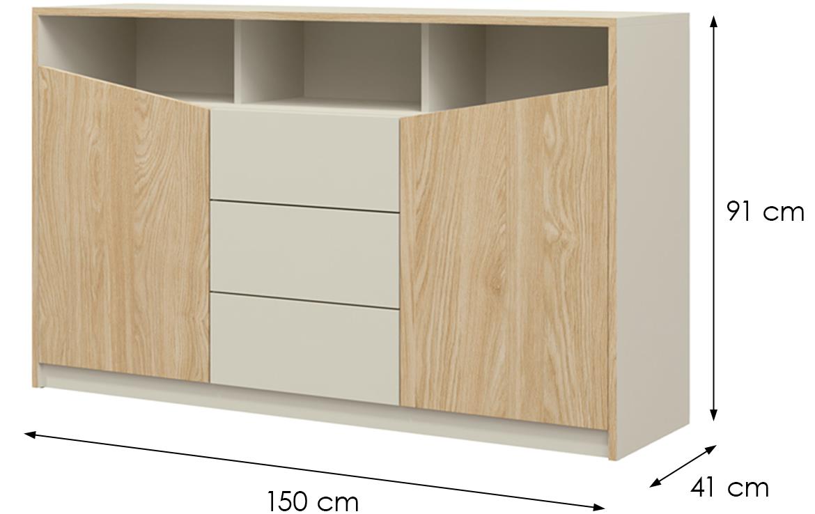 Aston 3 komoda 2 vrata+3 fioke 150x41x91 cm bež/hrast