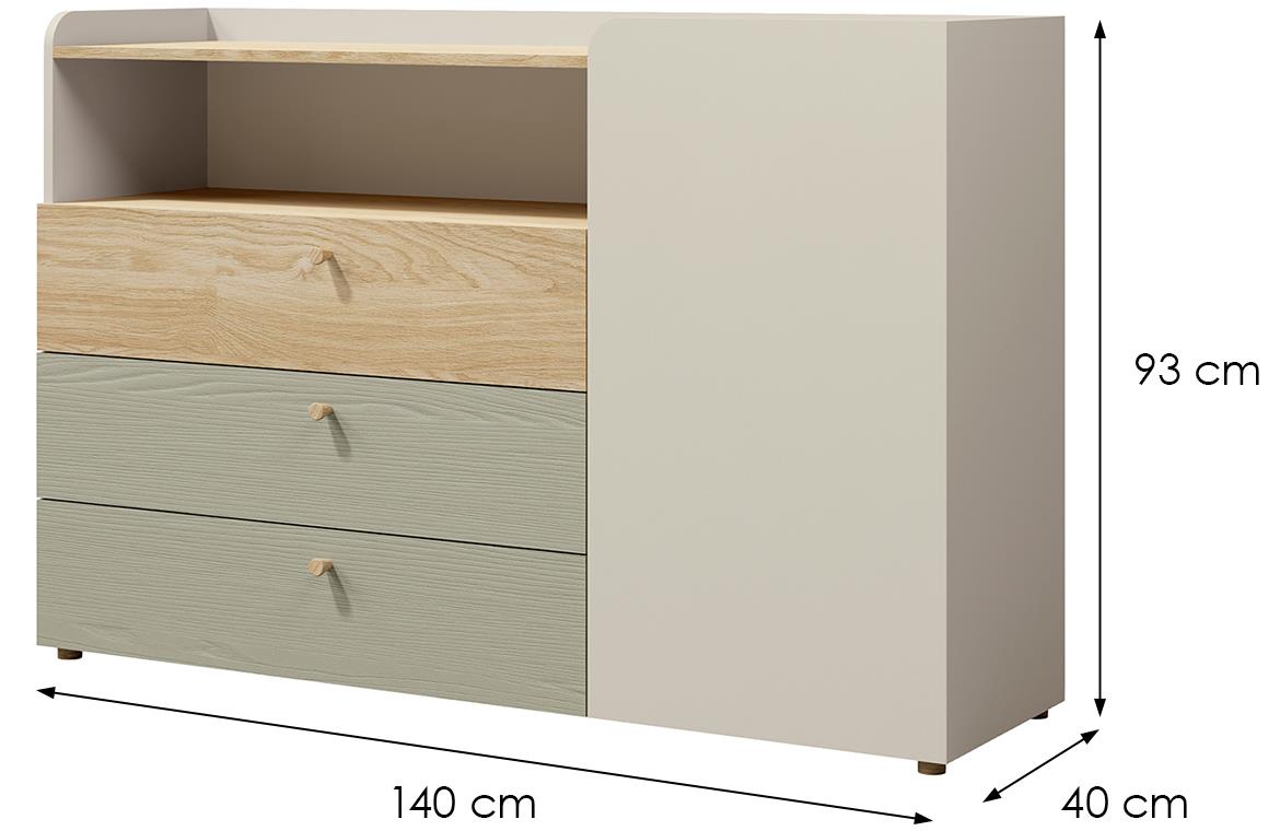 Yuki 8 komoda 1 vrata+3 fioke 140x40x93 cm eukaliptus/bež/hrast