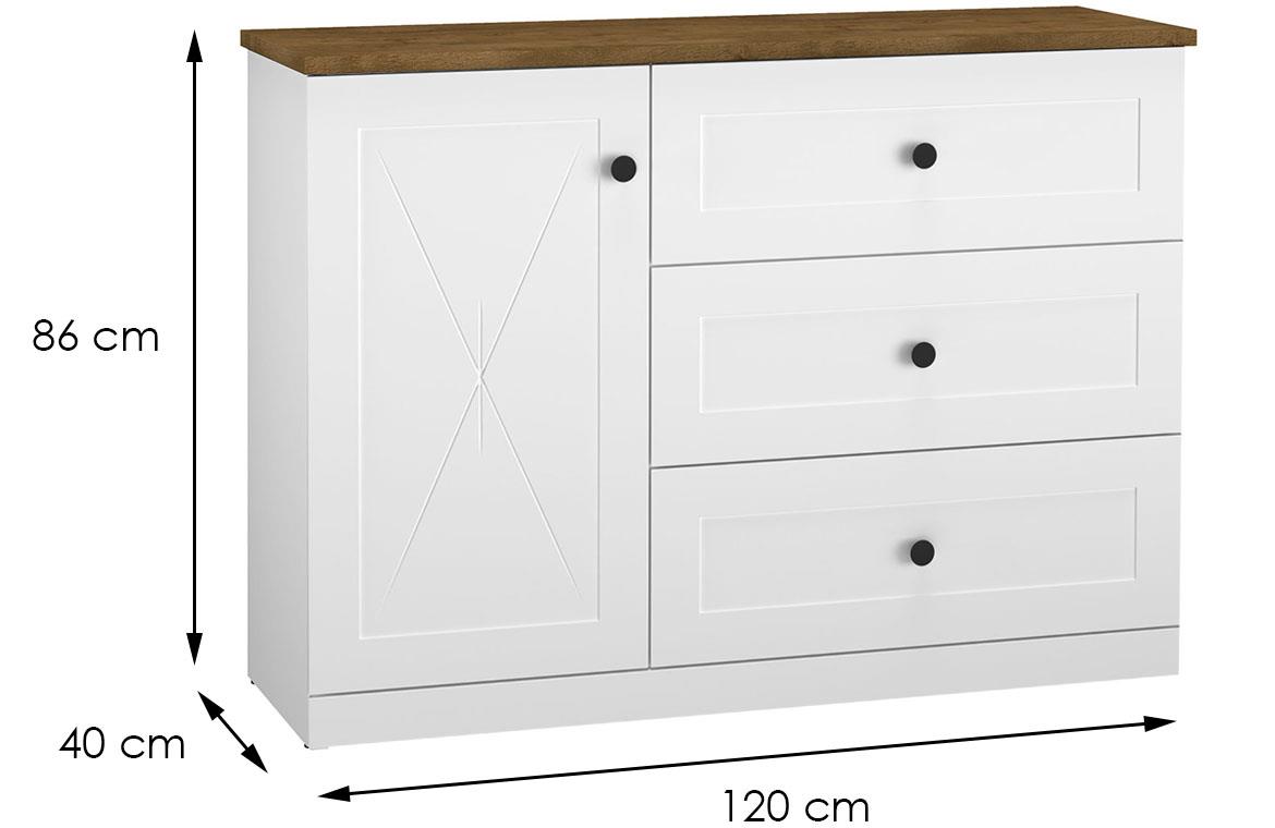 Lille 08 komoda 1 vrata+3 fioke 120x40x86 cm bela/hrast