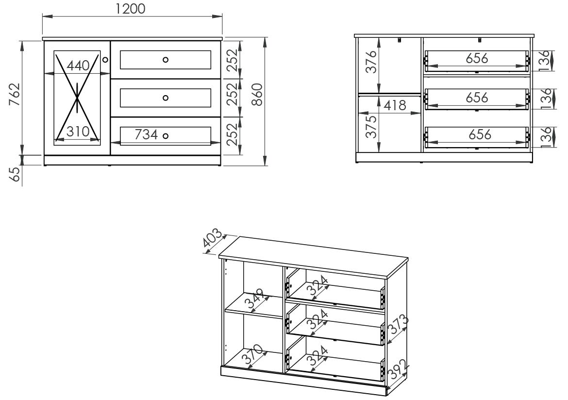 Lille 08 komoda 1 vrata+3 fioke 120x40x86 cm bela/hrast