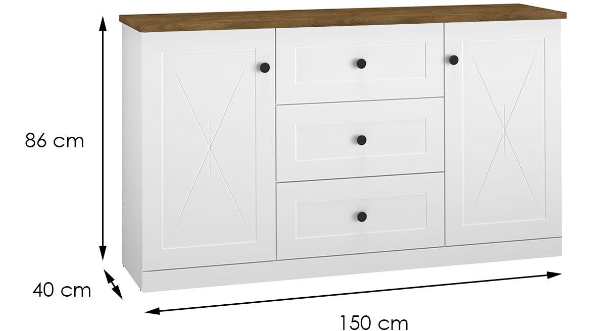 Lille 06 komoda 2 vrata+3 fioke 150x40x86 cm bela/hrast