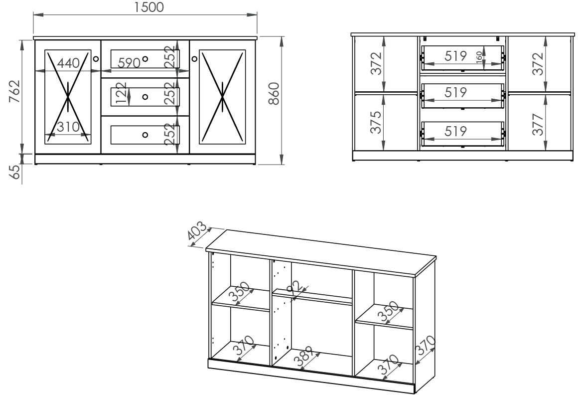 Lille 06 komoda 2 vrata+3 fioke 150x40x86 cm bela/hrast