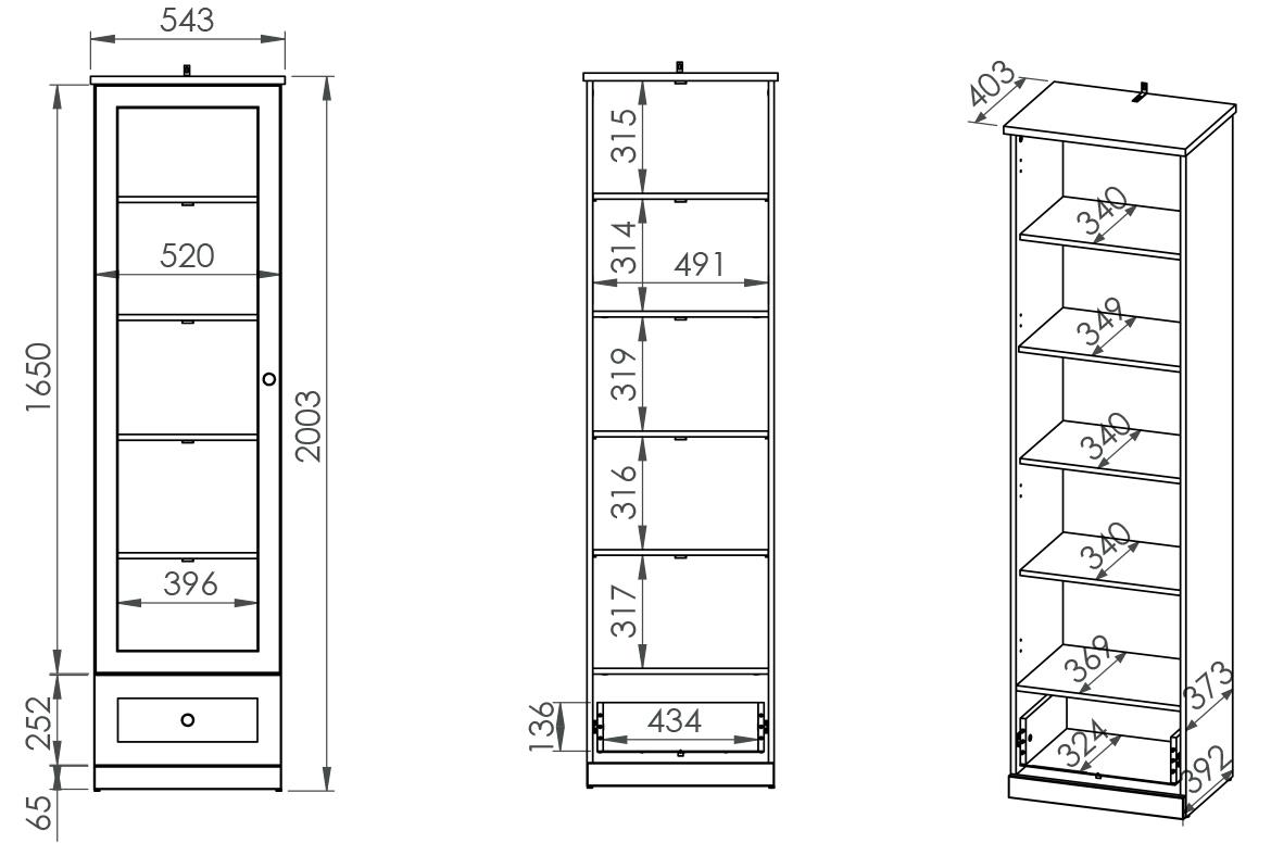 Lille 04 vitrina 1 vrata+1 fioka 55x40x200 cm bela/hrast