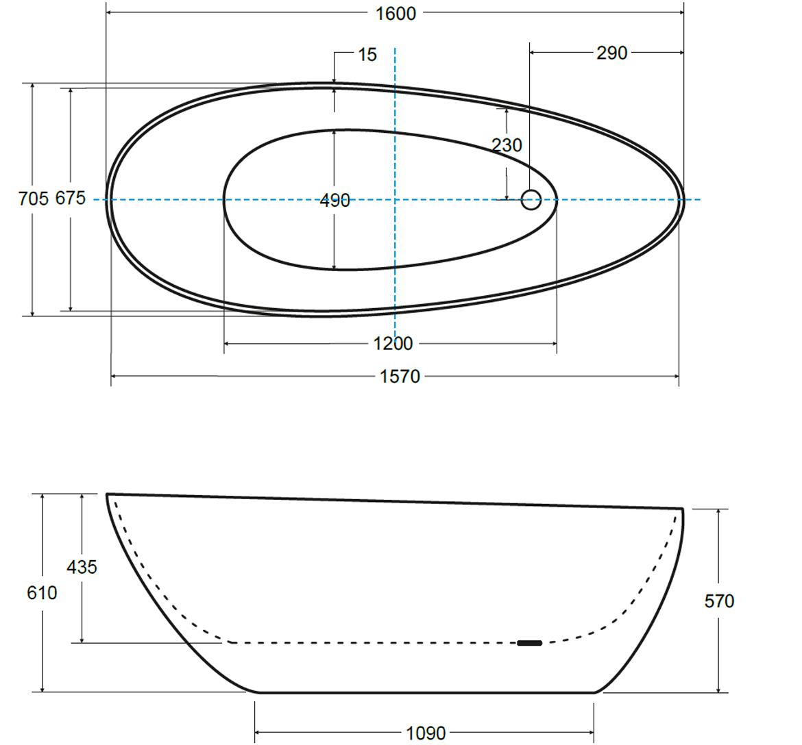 Samostojeca kada Goya 160x70 mat crna + hrom klik-klak sifon