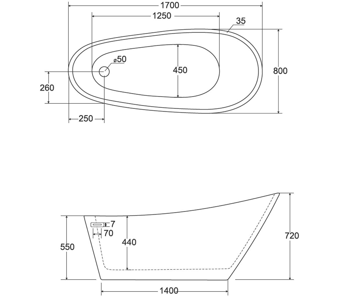 Samostojeca kada Melody 170x80 + zlatni klik-klak sifon sa tankim prelivom