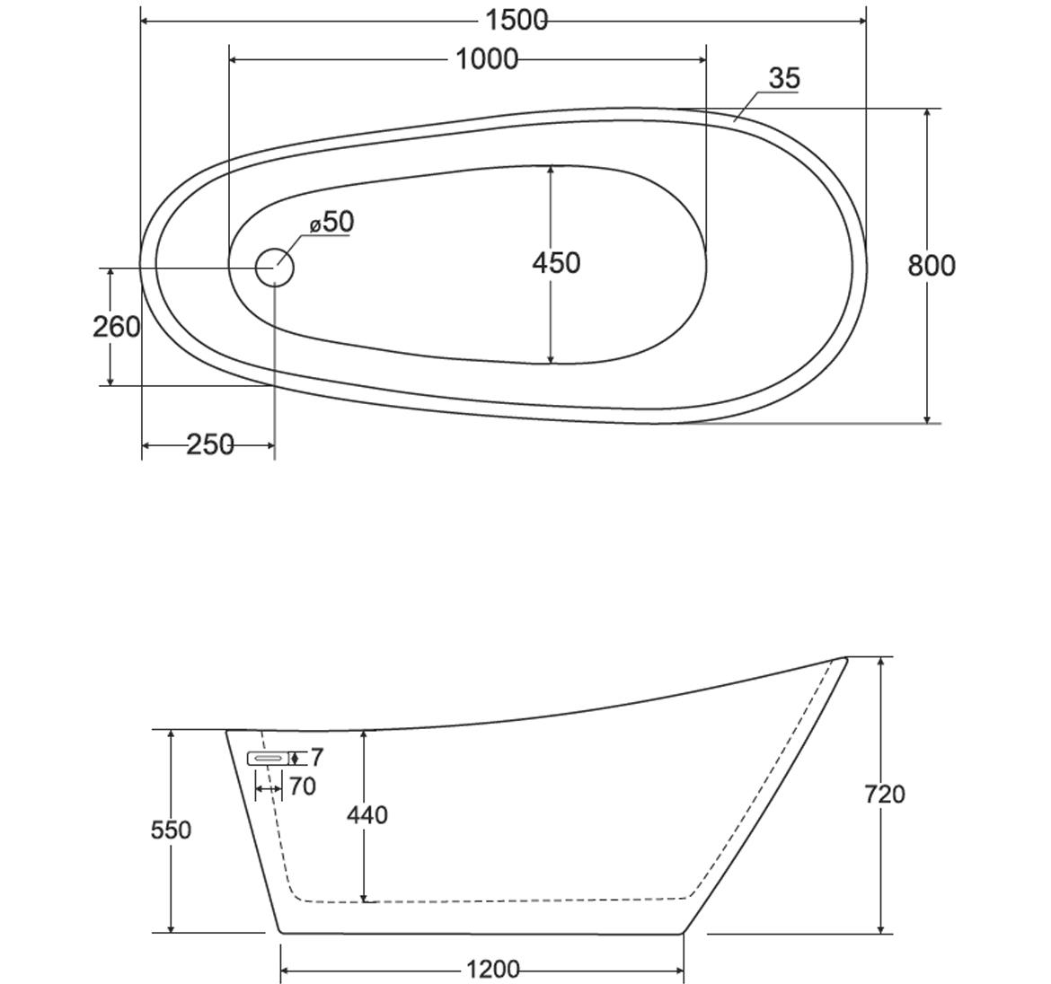 Samostojeca kada Melody 150x80  + zlatni klik-klak sifon sa tankim prelivom