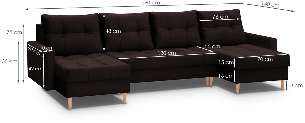 Scandi U ugaona garnitura s ležajem 290x140x92 reverzibilna Kronos  6 braon