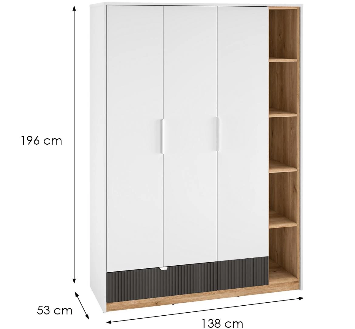Torino 01 ormar 3 vrata+1 fioka 138x53x196 cm beli/sivi/hrast