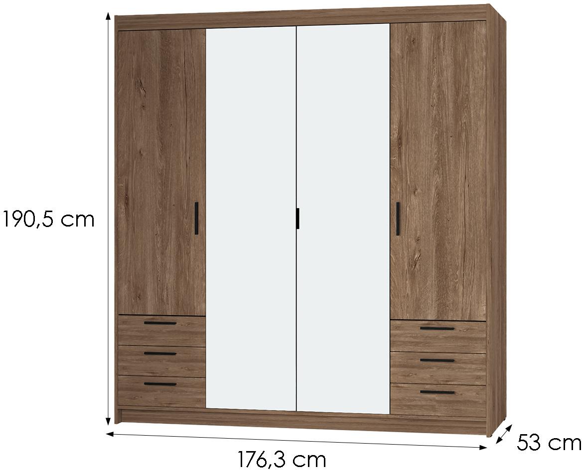 Elena 4D6S ormar 4 vrata/ogledalo+6 ladica 176,3x53x190,5 cm tamni hrast