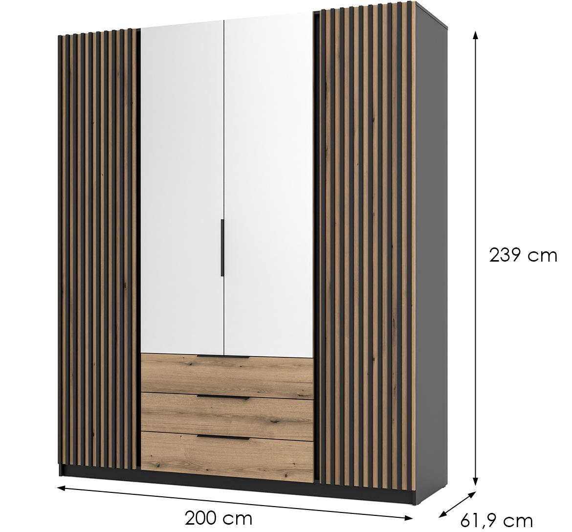 Kaja BL/EV-BL 2LAM ormar 4 vrata/ogledalo+3 fioke 200x62x239 cm hrast/crni