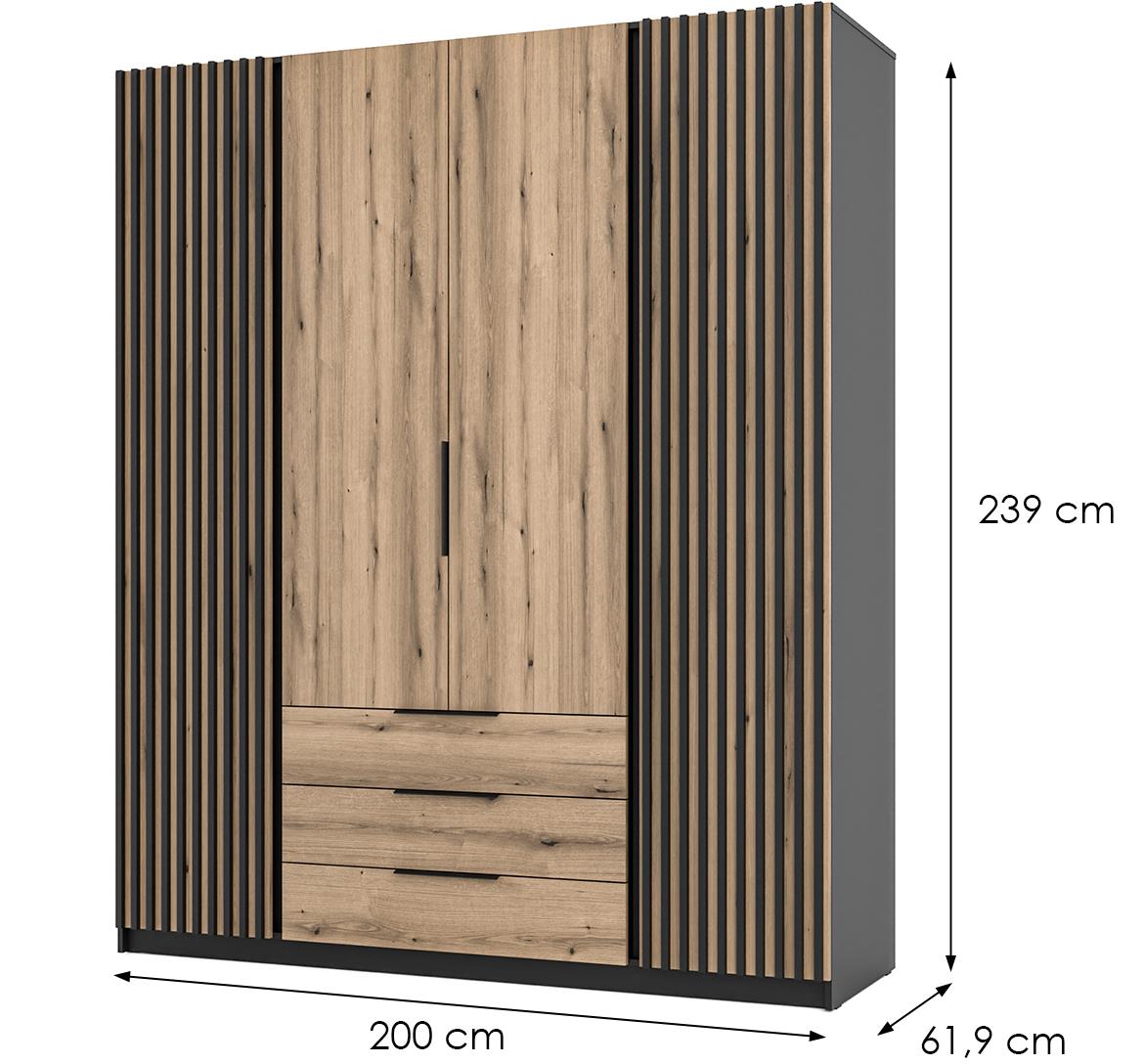 Kaja BL/EV-BL 2 LAM ormar 4 vrata+3 fioke 200x62x239 cm hrast/crni