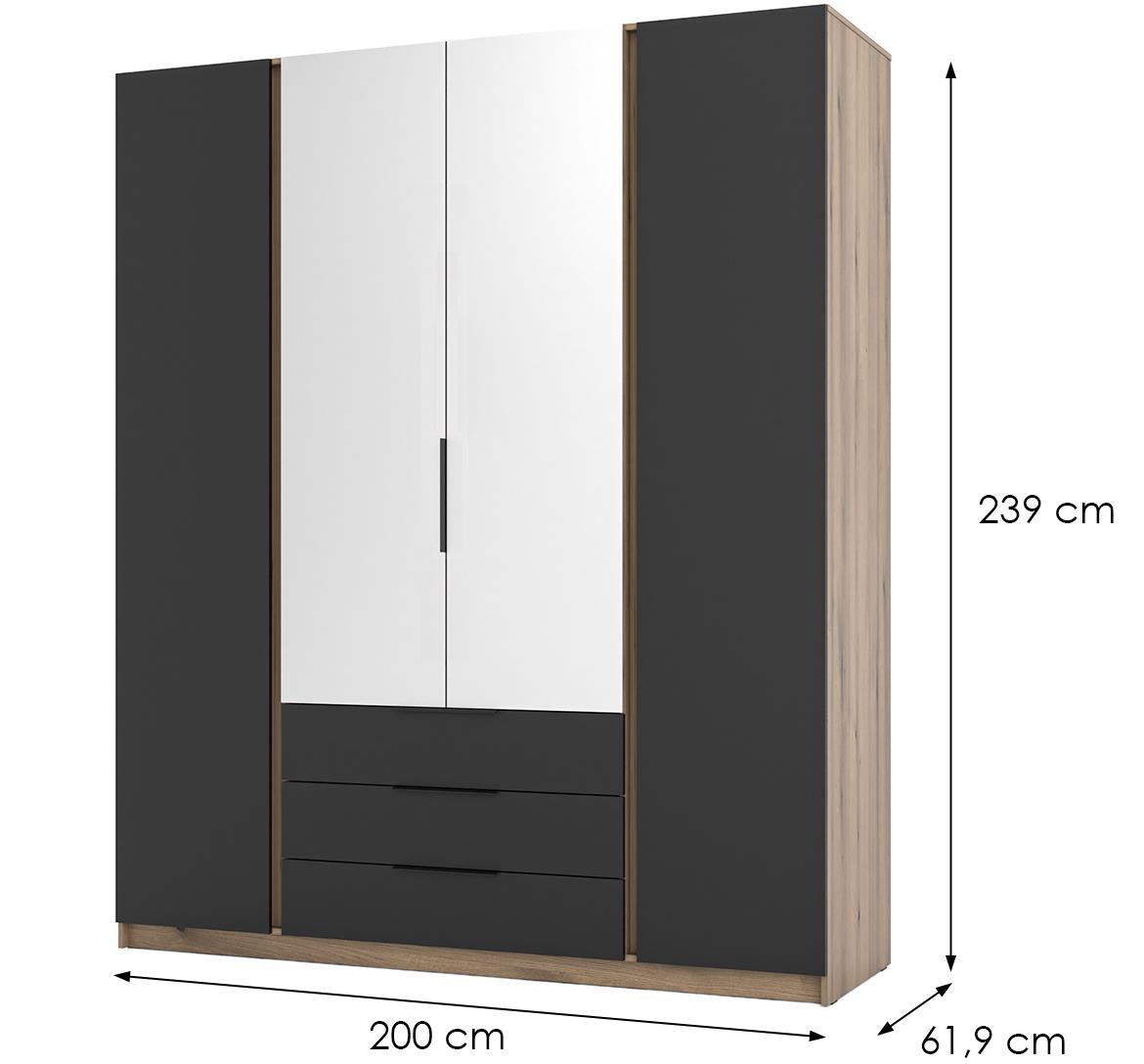 Kaja EV/BL 2F ormar 4 vrata/ogledalo+3 fioke 200x62x239 cm crni/hrast