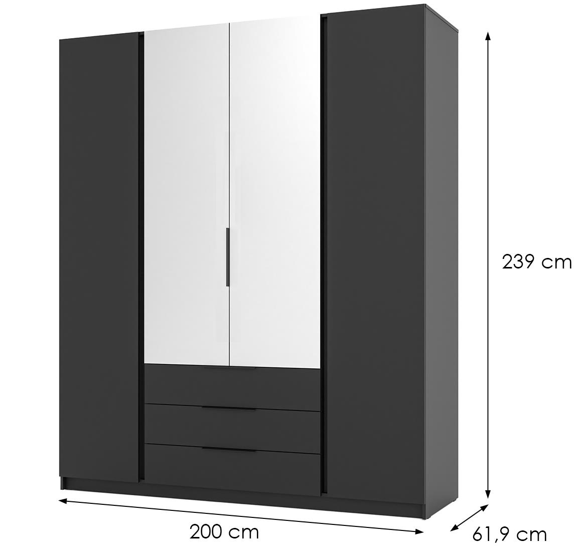 Kaja BL/BL 2F ormar 4 vrata/ogledalo+3 fioke 200x60x239 cm crni