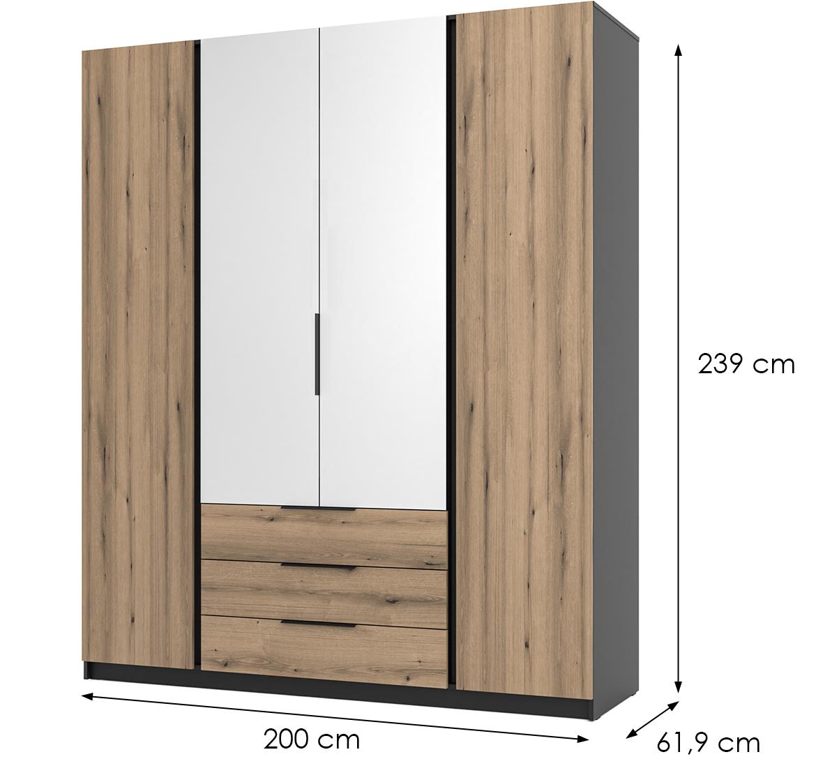 Kaja BL/EV 2F ormar 4 vrata/ogledalo+3 fioke 200x62x239 cm hrast/crni