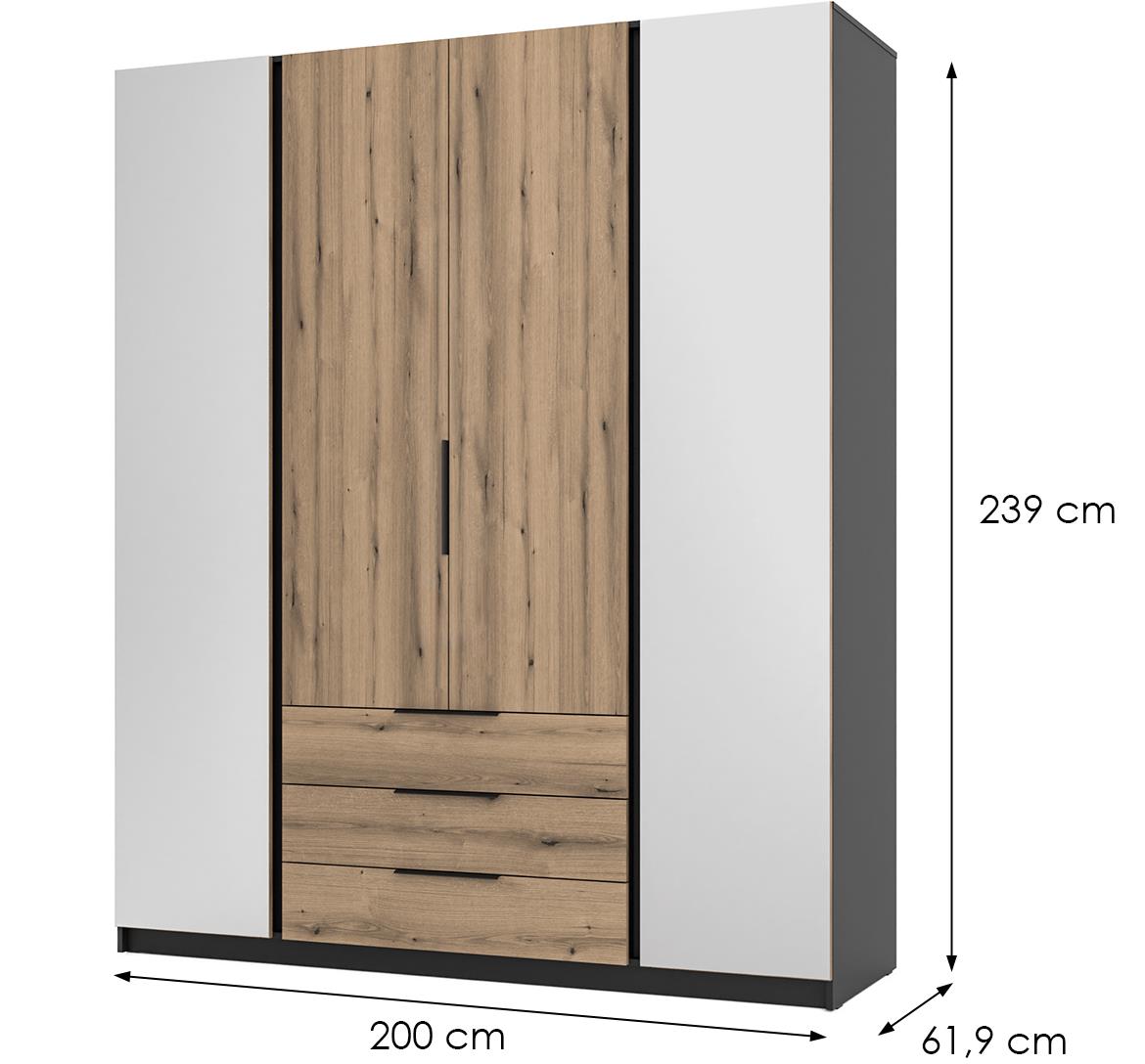 Kaja BL/EV 2 ormar 4 vrata/ogledalo+3 fioke 200x62x239 cm hrast/crni