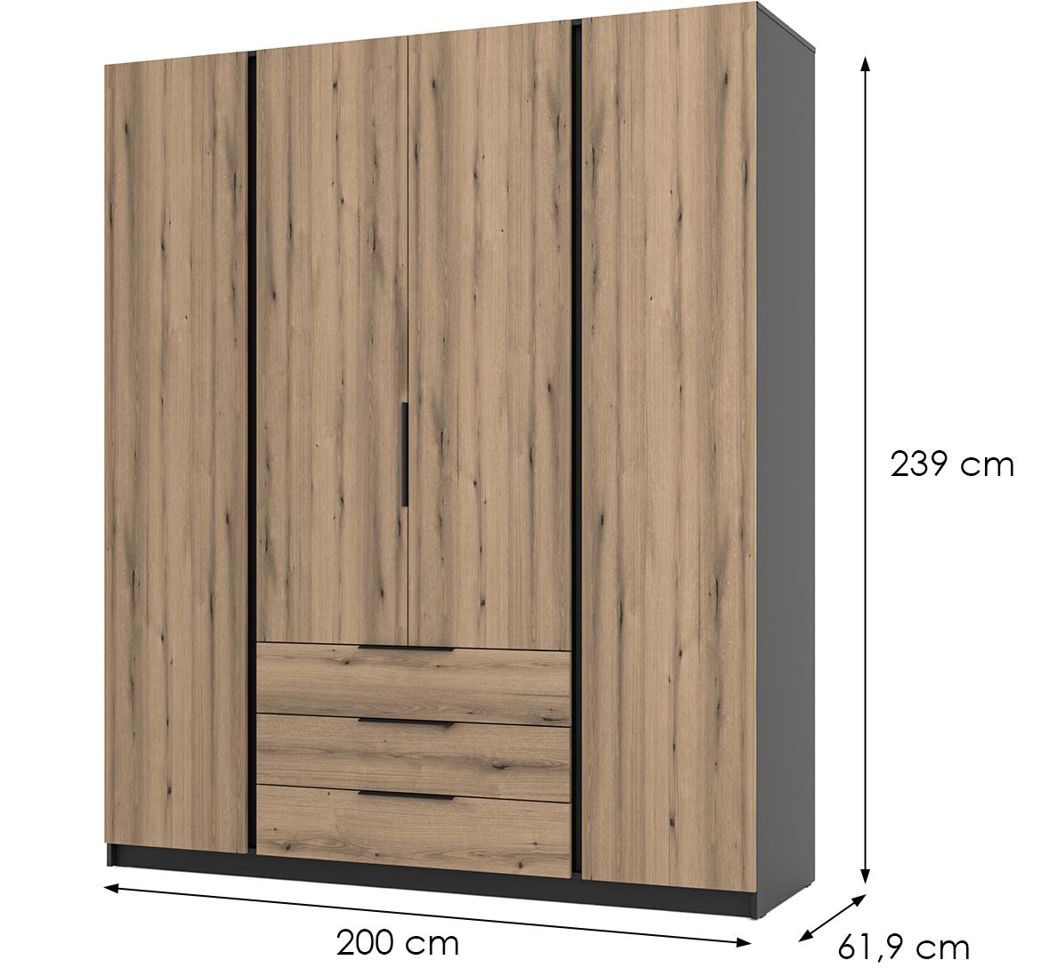 Kaja BL/EV ormar 4 vrata+3 fioke 200x62x239 cm hrast/crni