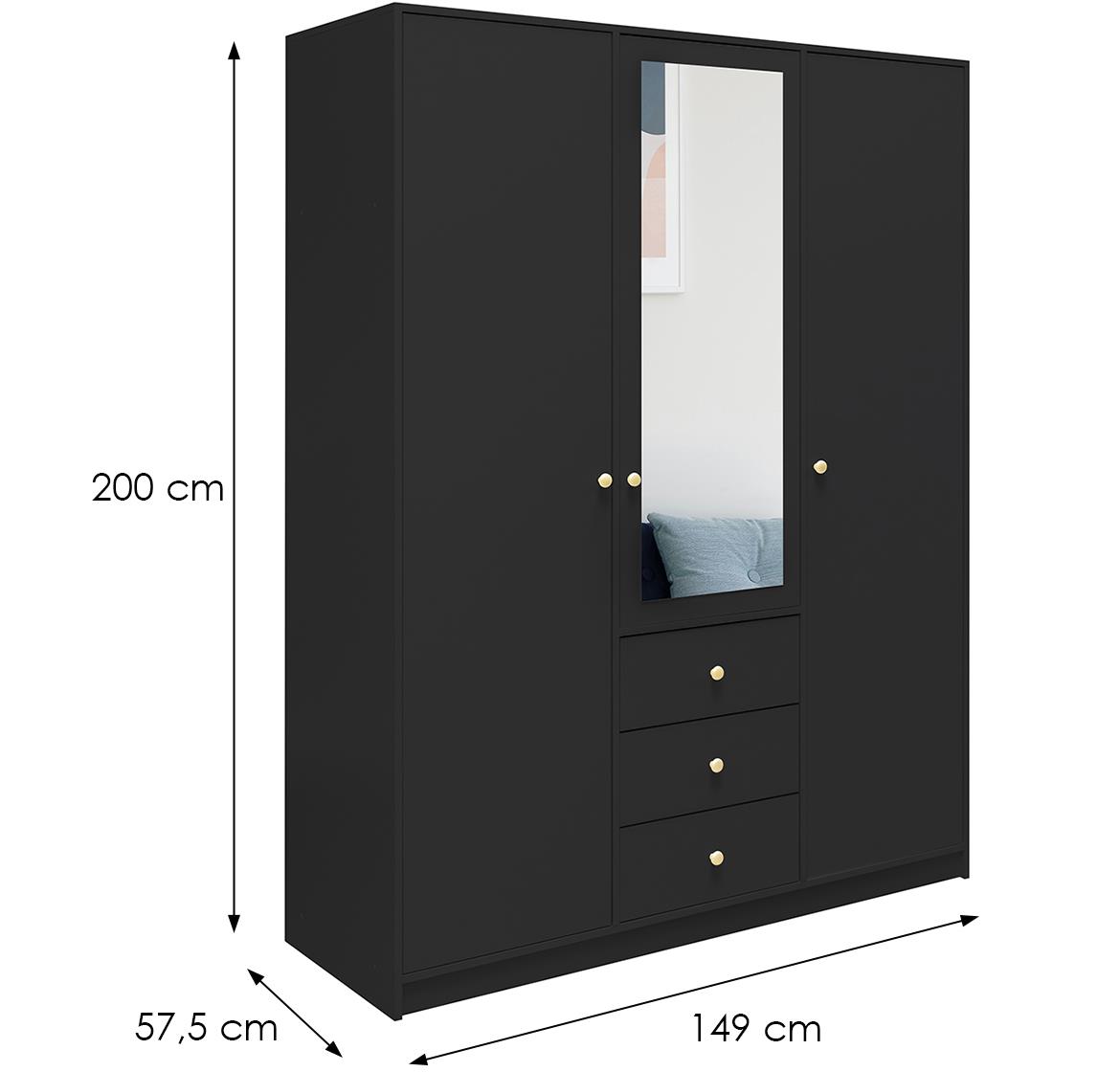 Siena D3 ormar 3 vrata/ogledalo+3 fioke 149x57,5x200 cm crni