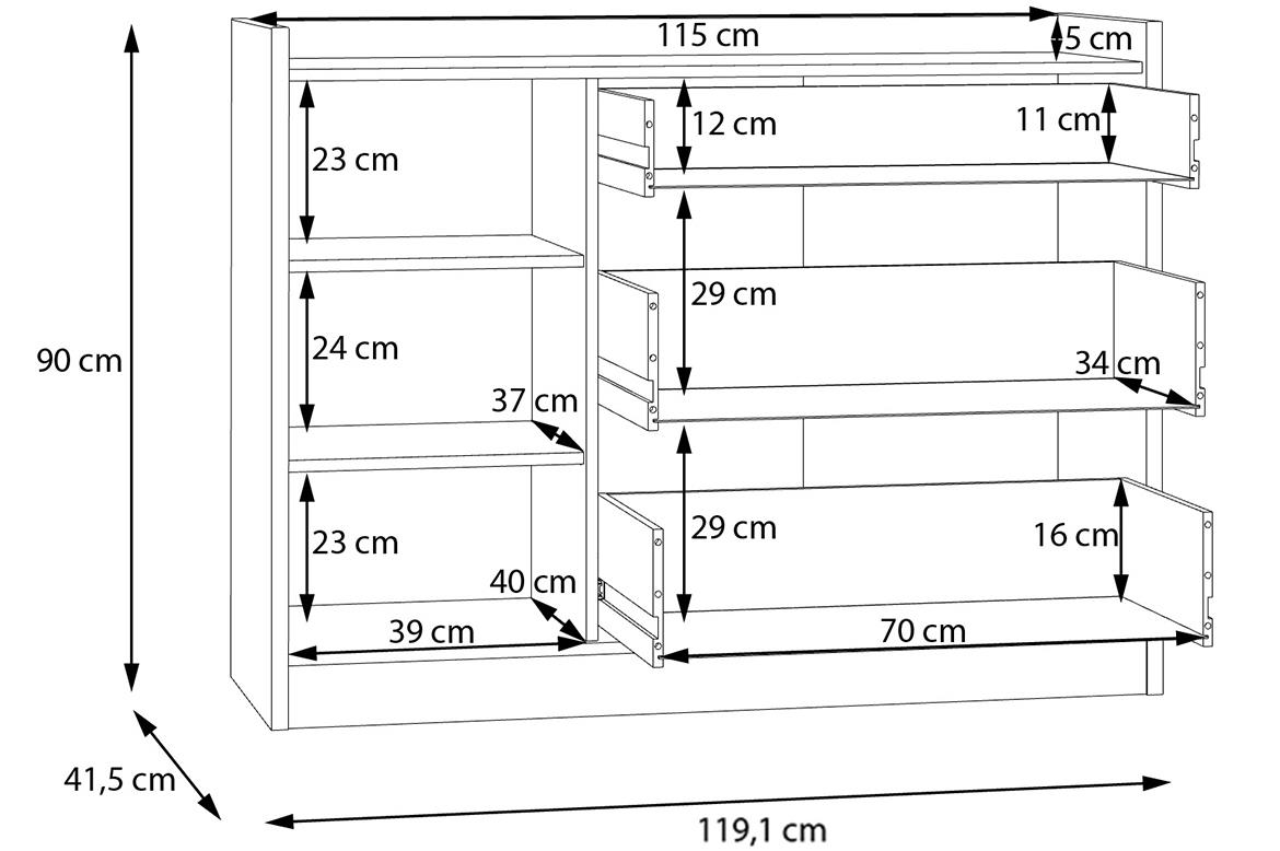 Halamy CXMK221L komoda 1 vrata+3 fioke 119,3x41,5x90 cm crna/hrast