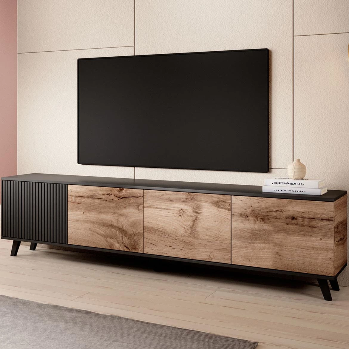 Random RTV-3 TV komoda 4 vrata 200x40x52 cm natur (Votan hrast)/crni