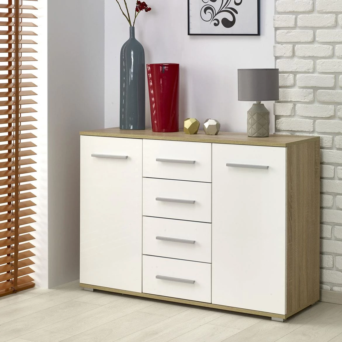 Lima KM-4 komoda 4 fioke + 2 vrata 116x40x82 cm bela/natur (Sonoma hrast)