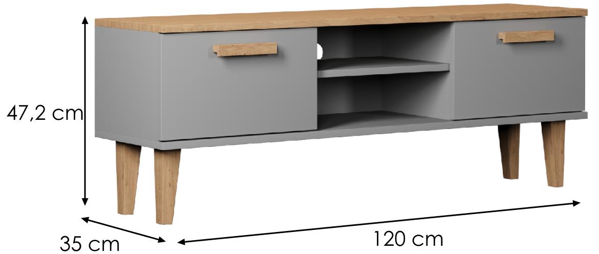 Denver TV komoda 2 vrata + 2 police 120x35x47,2 cm natur (Hikora)/sivi