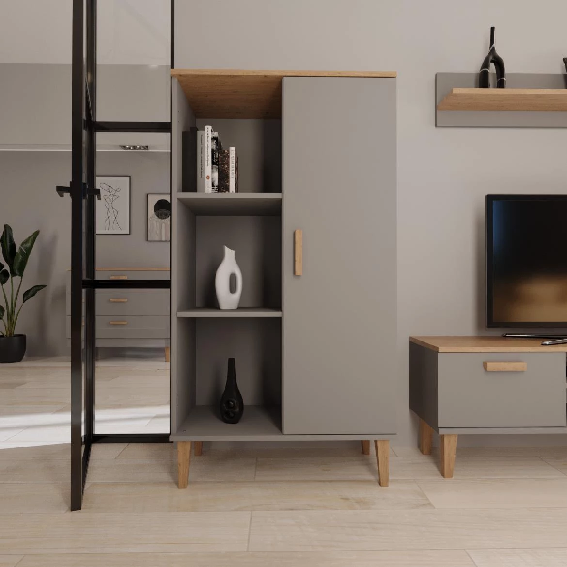 Denver vitrina 1 vrata + 3 police 80x35x120 cm siva/natur (Hikora)