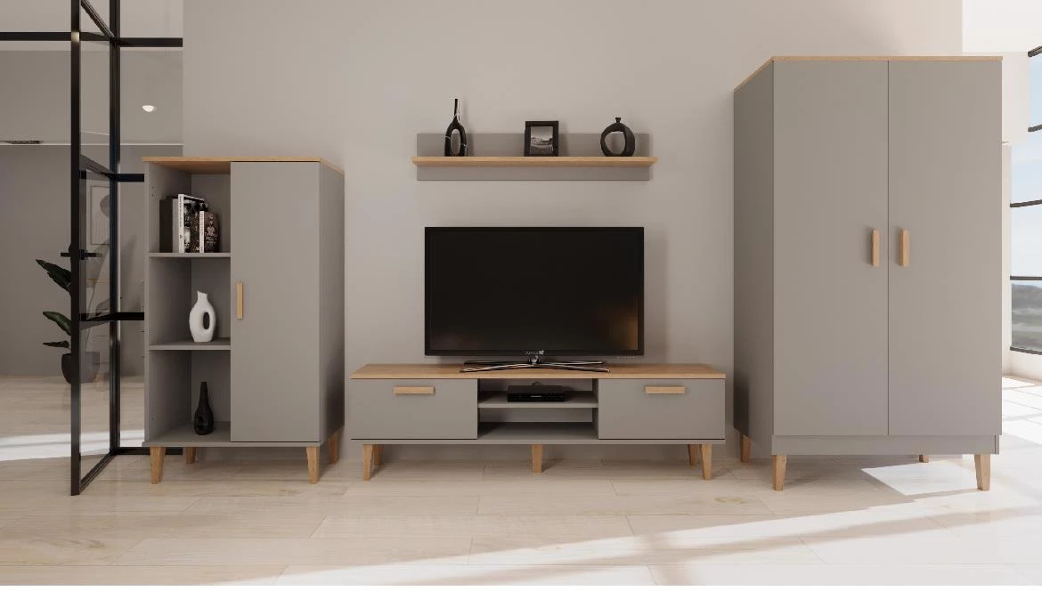 Denver vitrina 1 vrata + 3 police 80x35x120 cm siva/natur (Hikora)