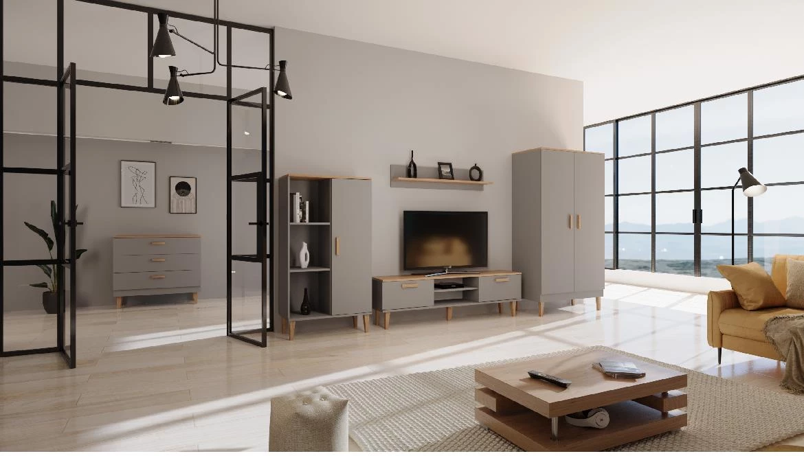 Denver vitrina 1 vrata + 3 police 80x35x120 cm siva/natur (Hikora)