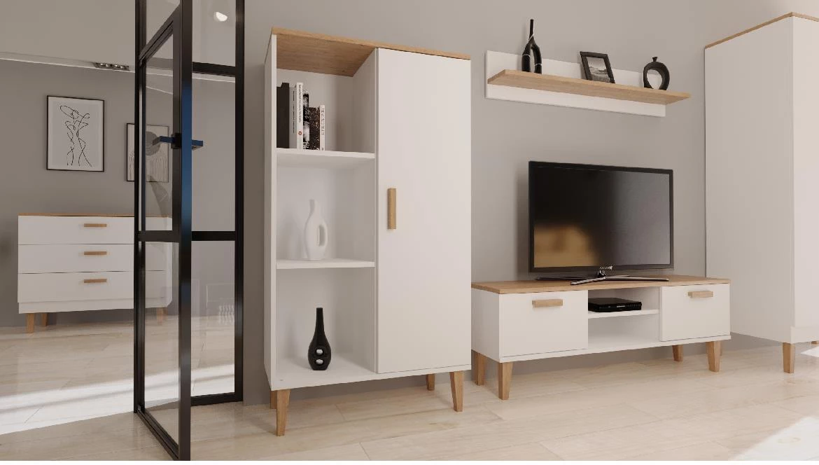 Denver vitrina 1 vrata + 3 police 80x35x120 cm bela/natur (Hikora)