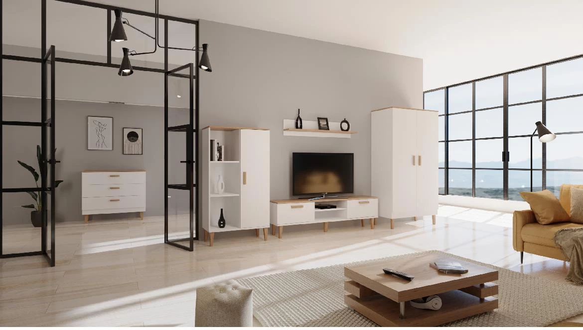 Denver vitrina 1 vrata + 3 police 80x35x120 cm bela/natur (Hikora)