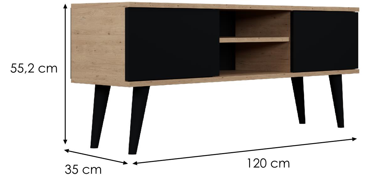 Toronto TV komoda 2 vrata + 2 police 120x35x55,2 cm natur (Artisan hrast)/crni