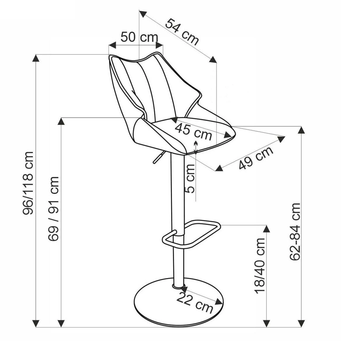H122 barska stolica 50x54x96 cm siva/crna