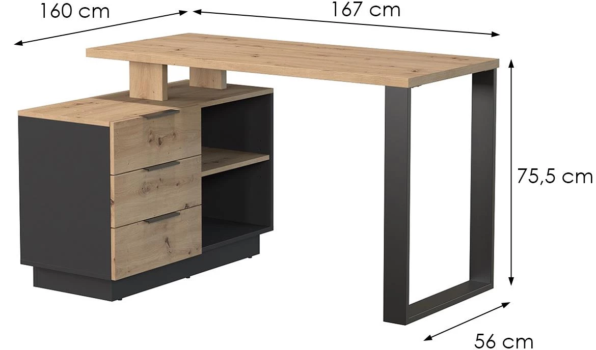 Sierro 3s radni stol 3 fioke + 2 otvora 167x56x75,5 cm artisan hrast/crna