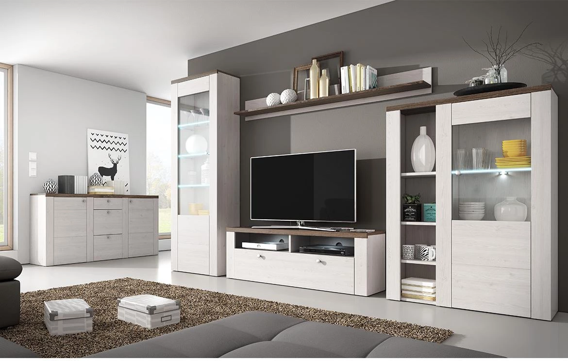 Larona 46 2D vitrina 2vrata 130x37x155 svetli drveni dekor/sonoma tamna