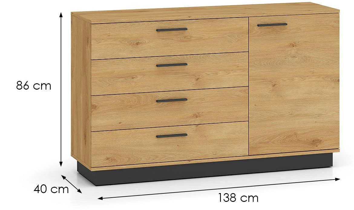 Modesto 05 komoda, 1 vrata + 4 fioke, 138x40x86 cm hrast