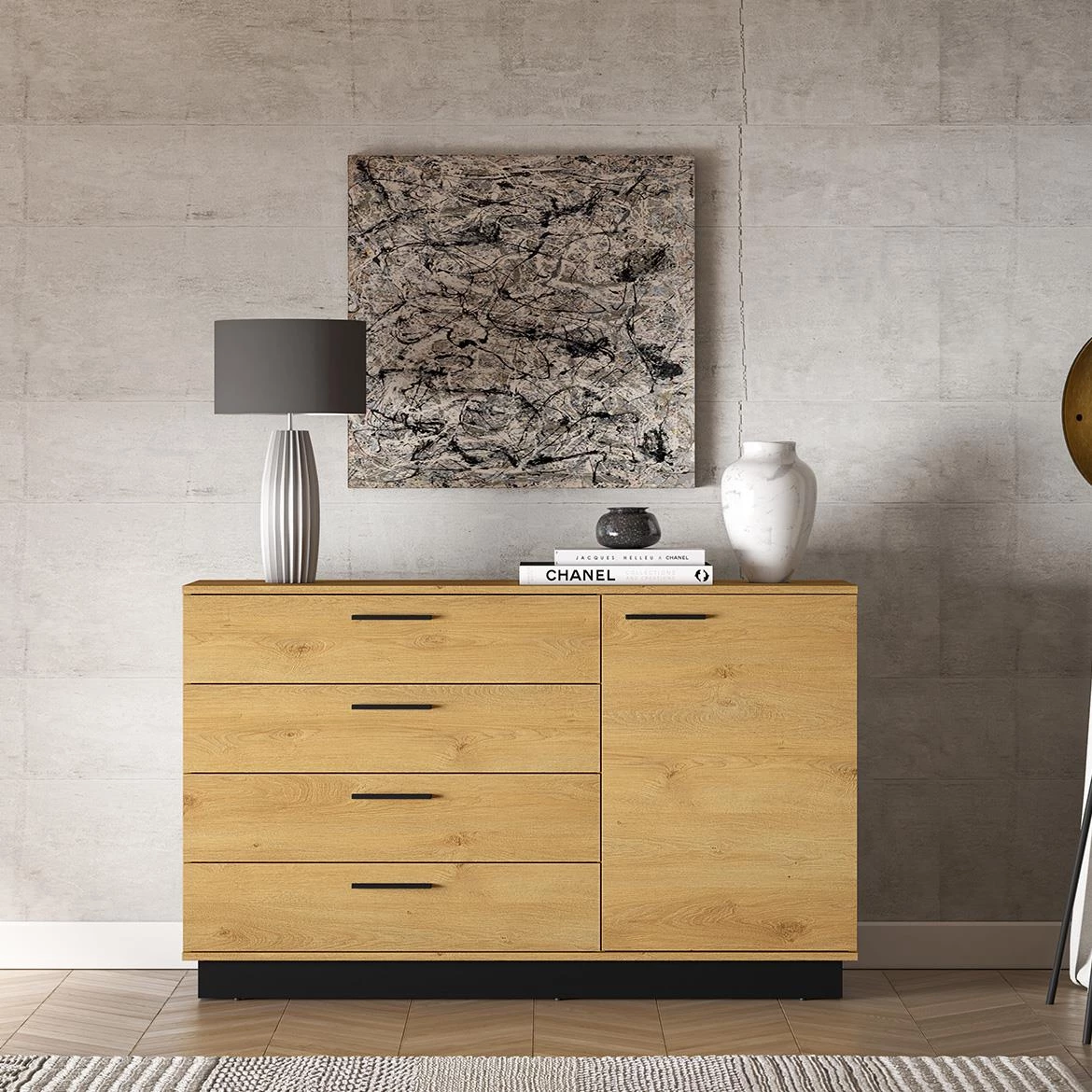 Modesto 05 komoda, 1 vrata + 4 fioke, 138x40x86 cm hrast