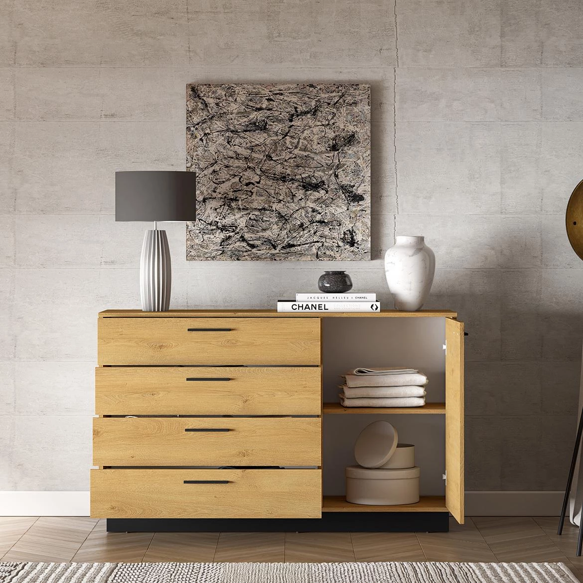 Modesto 05 komoda, 1 vrata + 4 fioke, 138x40x86 cm hrast