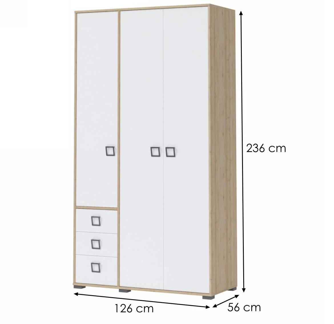 Kiki P33-BK/KI-15 ormar + 3 vrata + 3 fioke, 126x56x236 cm, boja bukva/bela