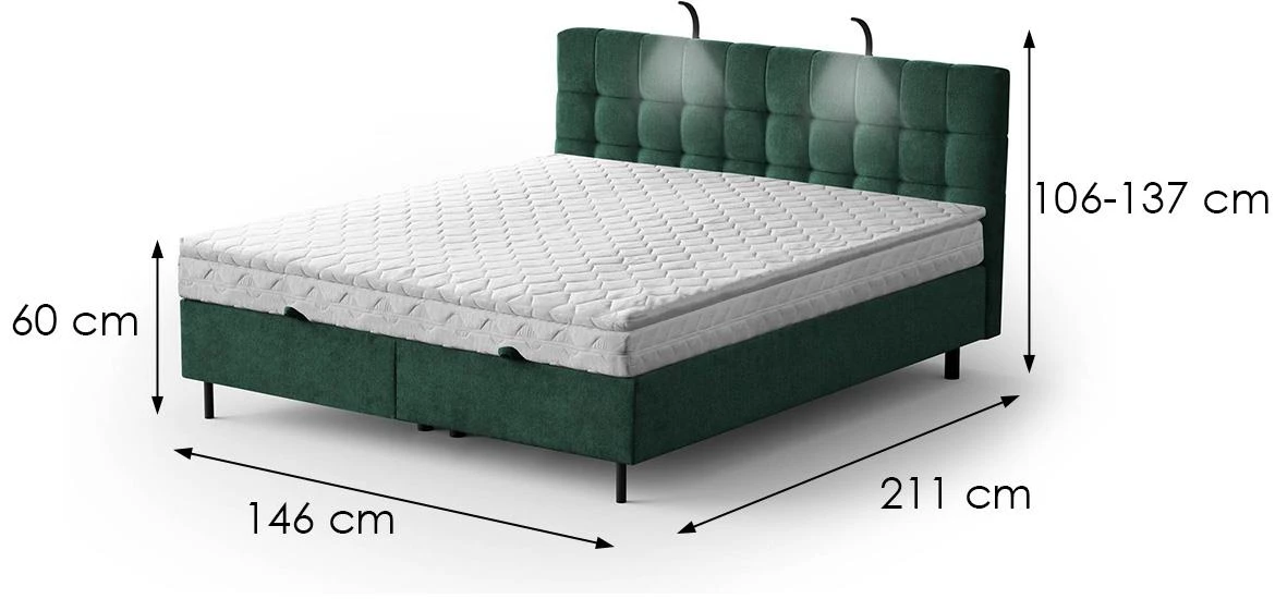 Aston 27 krevet sa prostorom za odlaganje i rasvetom 146x211x137 cm zelena