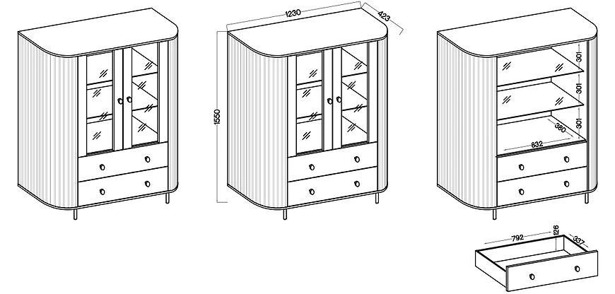 Ovalio 122 2f 2s vitrina, 42.3x123x155 cm  pešcano bež